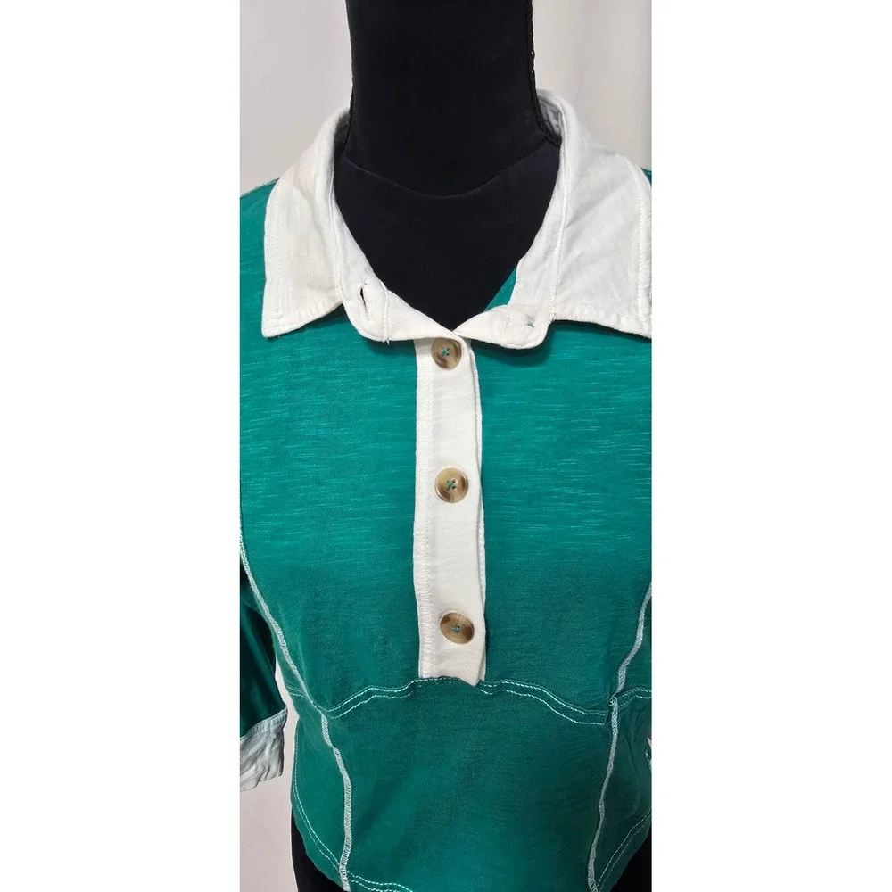 Pilcro Corset Inspired 3/4 Sleeve Polo Shirt Women M Green Anthropologie
